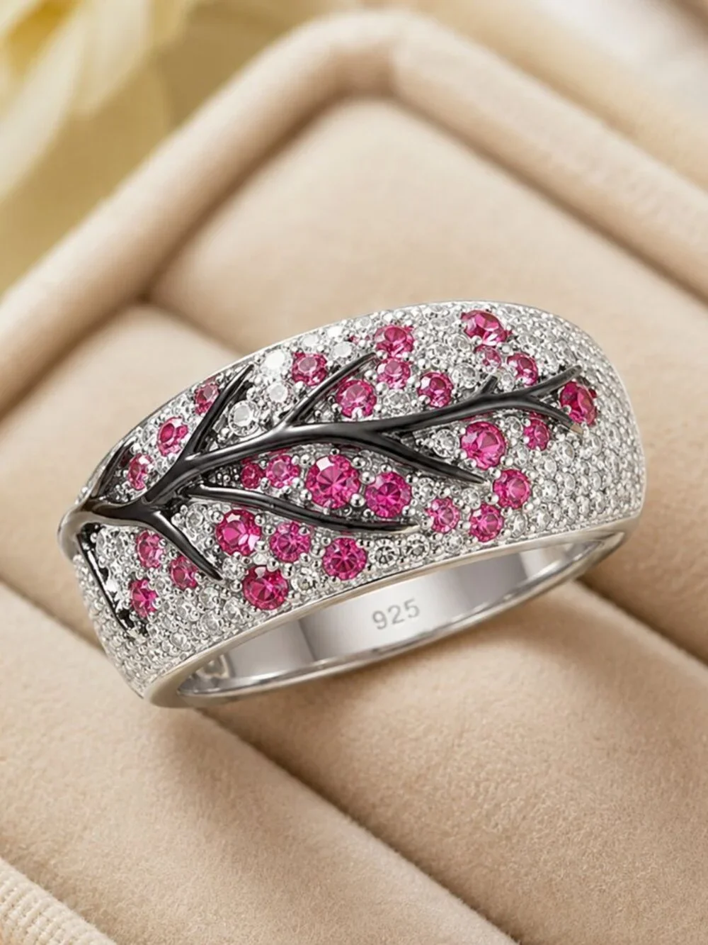 Pink Crystal Vine Branch Statement Ring Silver Tone Micro Pave Glam SZ 9 NWT